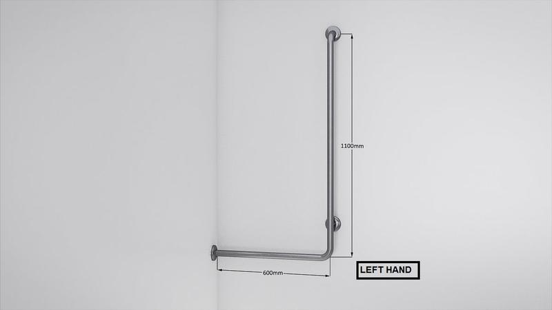 Installed grab rail with dimension diagram showing mounting points